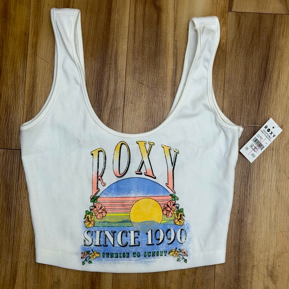 Roxy White Graphic Crop Top with Sunset Print